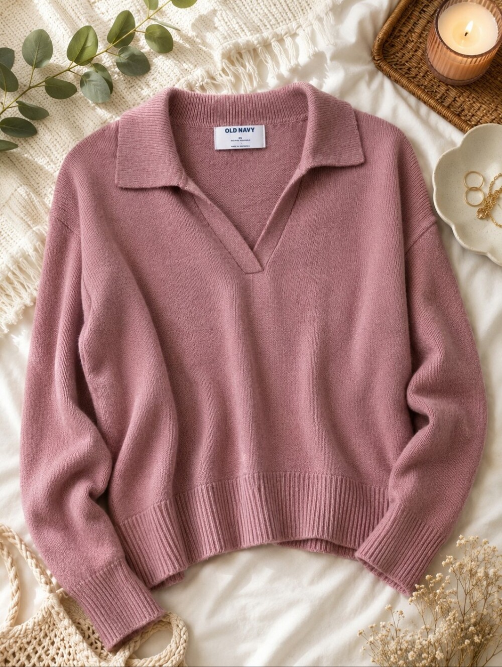 Old Navy Pink Collared V-Neck Knit Sweater XS Soft Oversized